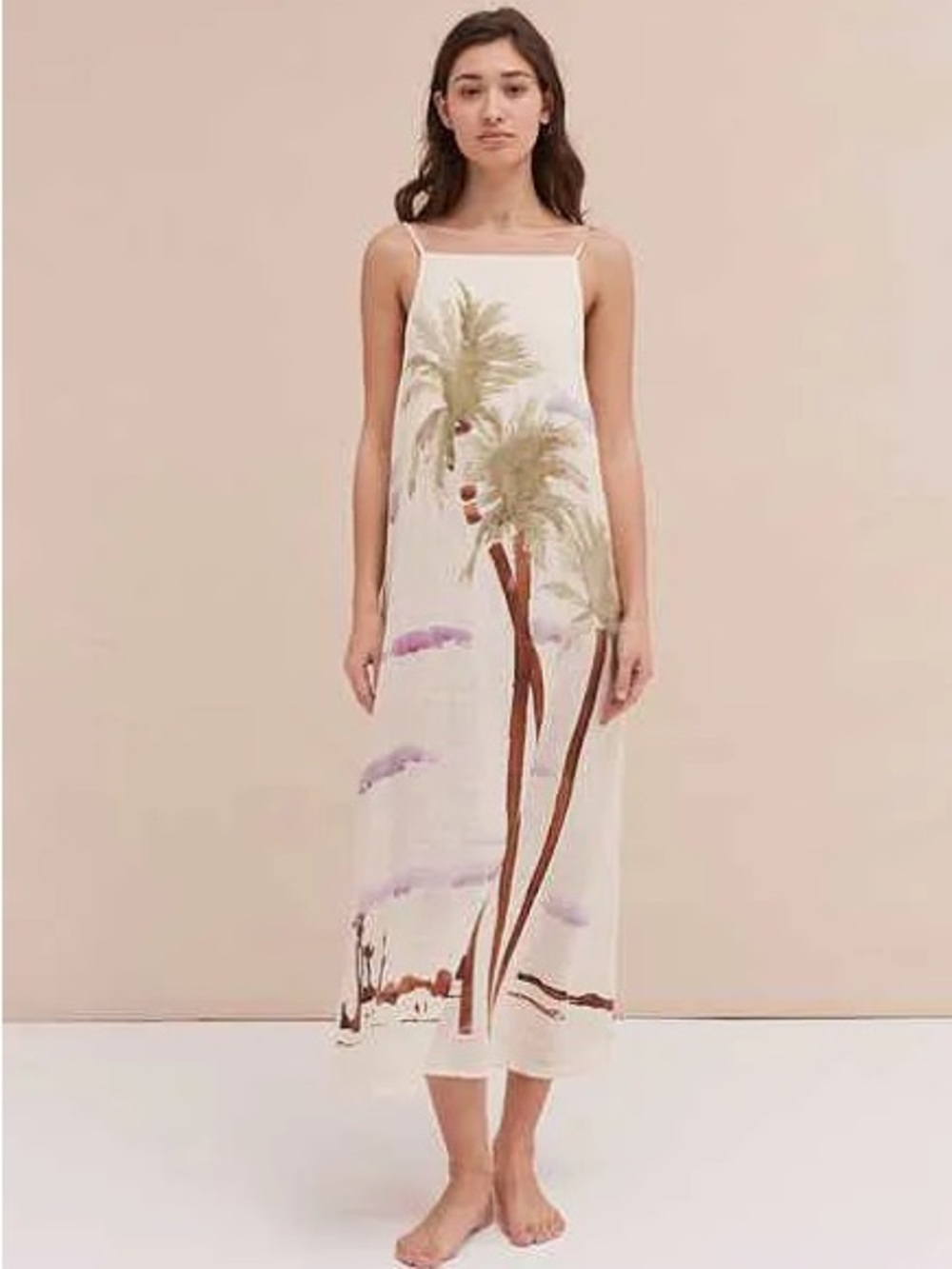 Desmond & Dempsey Mirage Linen Square Nightie Cream Palm Print Maxi Dress